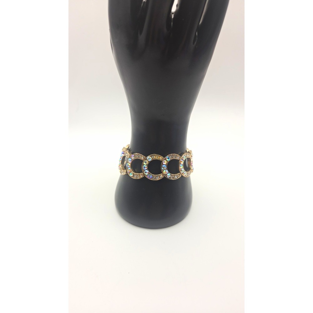 Vintage Gold C charm stretch Bracelet with Multicolor Round Crystal Accents